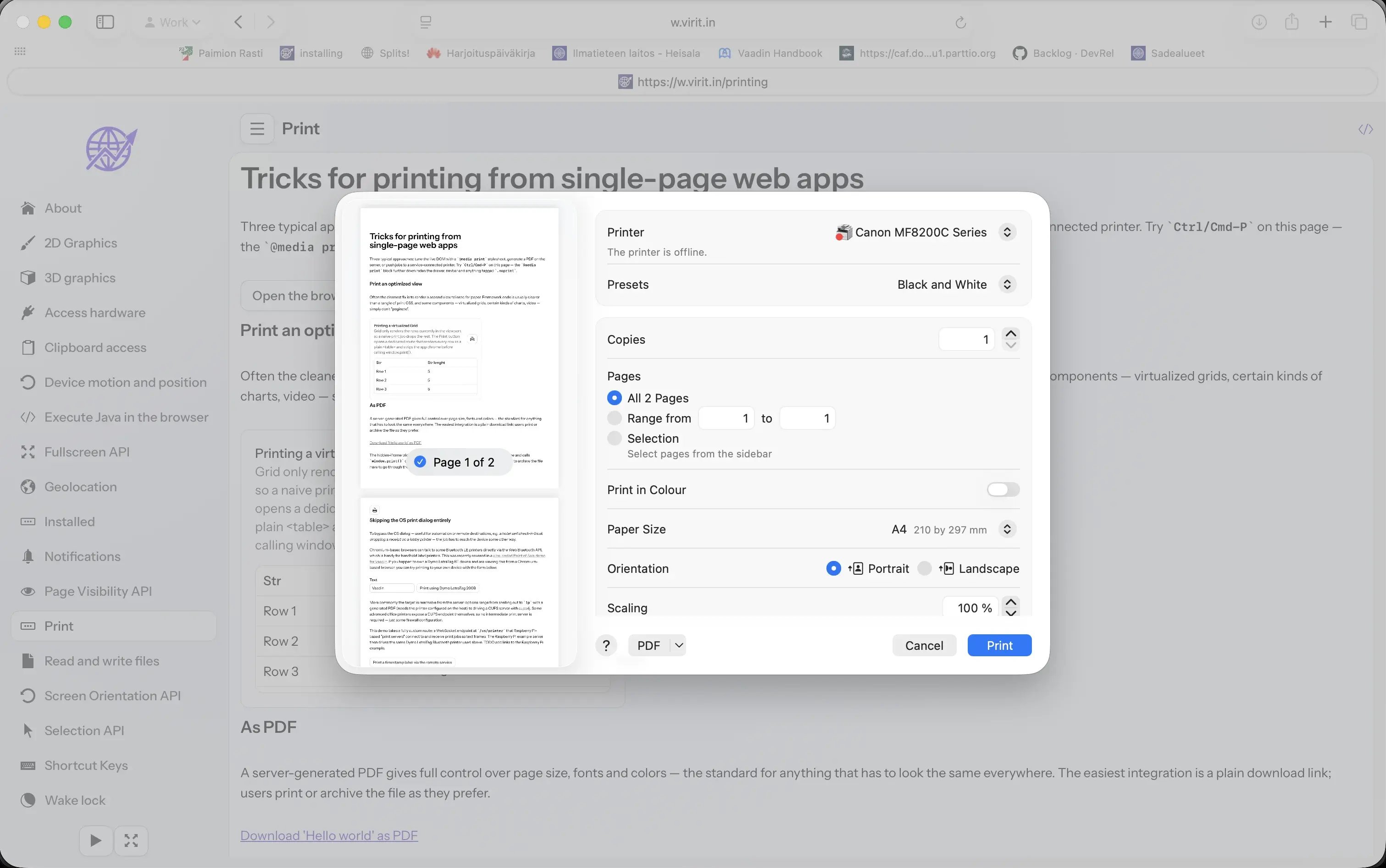 Printing a demo view from Safari. Same DOM, one @media print stylesheet apart.