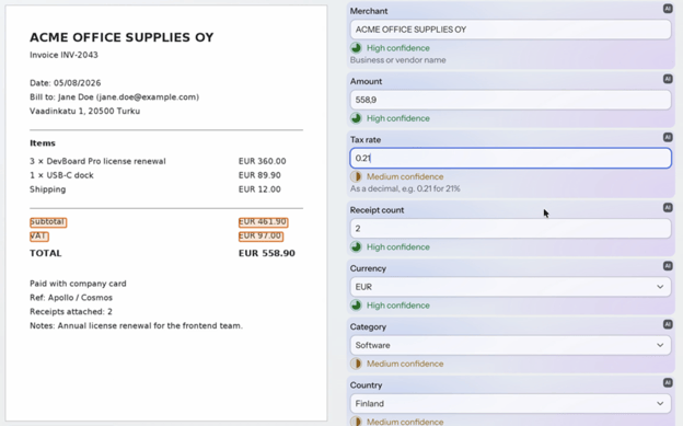 AI form filler: an invoice on the left with the source passages it used highlighted, and the filled form on the right, each field marked as AI-filled with a confidence level