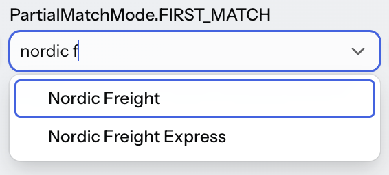 Combo Box with "nordic f" typed and the first of two matching carriers, Nordic Freight, highlighted