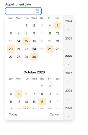Date Picker overlay with Thursdays disabled and individual dates highlighted through date metadata