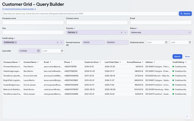 Natural language in, structured criteria out. The marked fields are the ones the AI filled