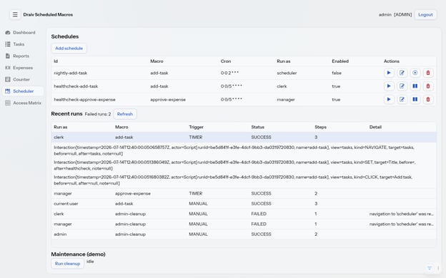 Schedules and the run history with an expanded audit trail