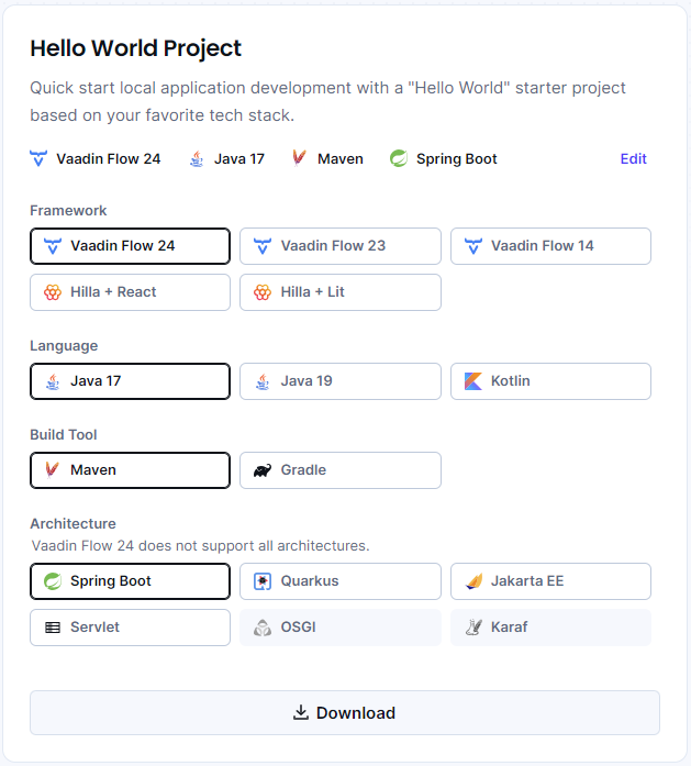 All Vaadin Hello World project starters can now be found in Start.