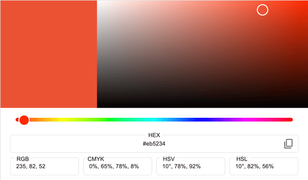 Color representation with HEX, RGB, CMYK, HSV, and HSL