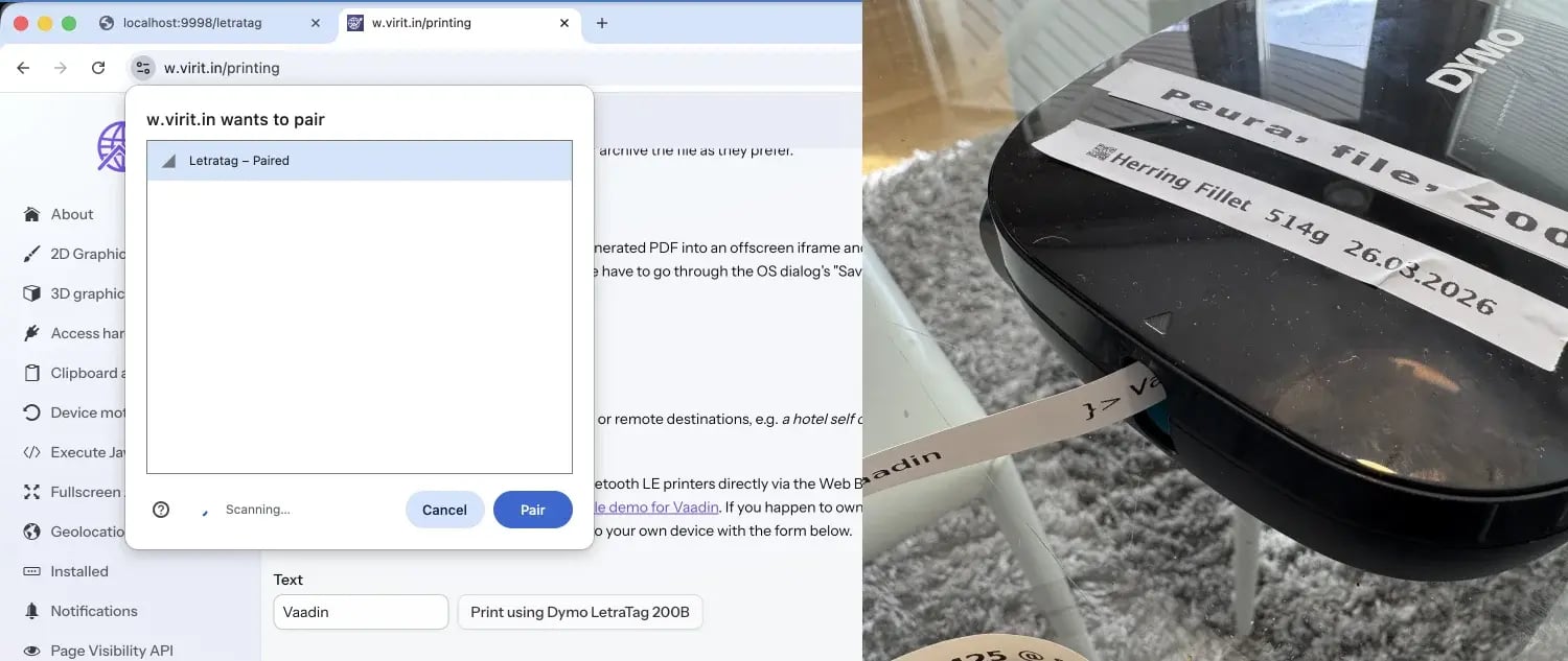 The Chrome Bluetooth pairing dialog listing a "LetraTag" device and the label printer in action