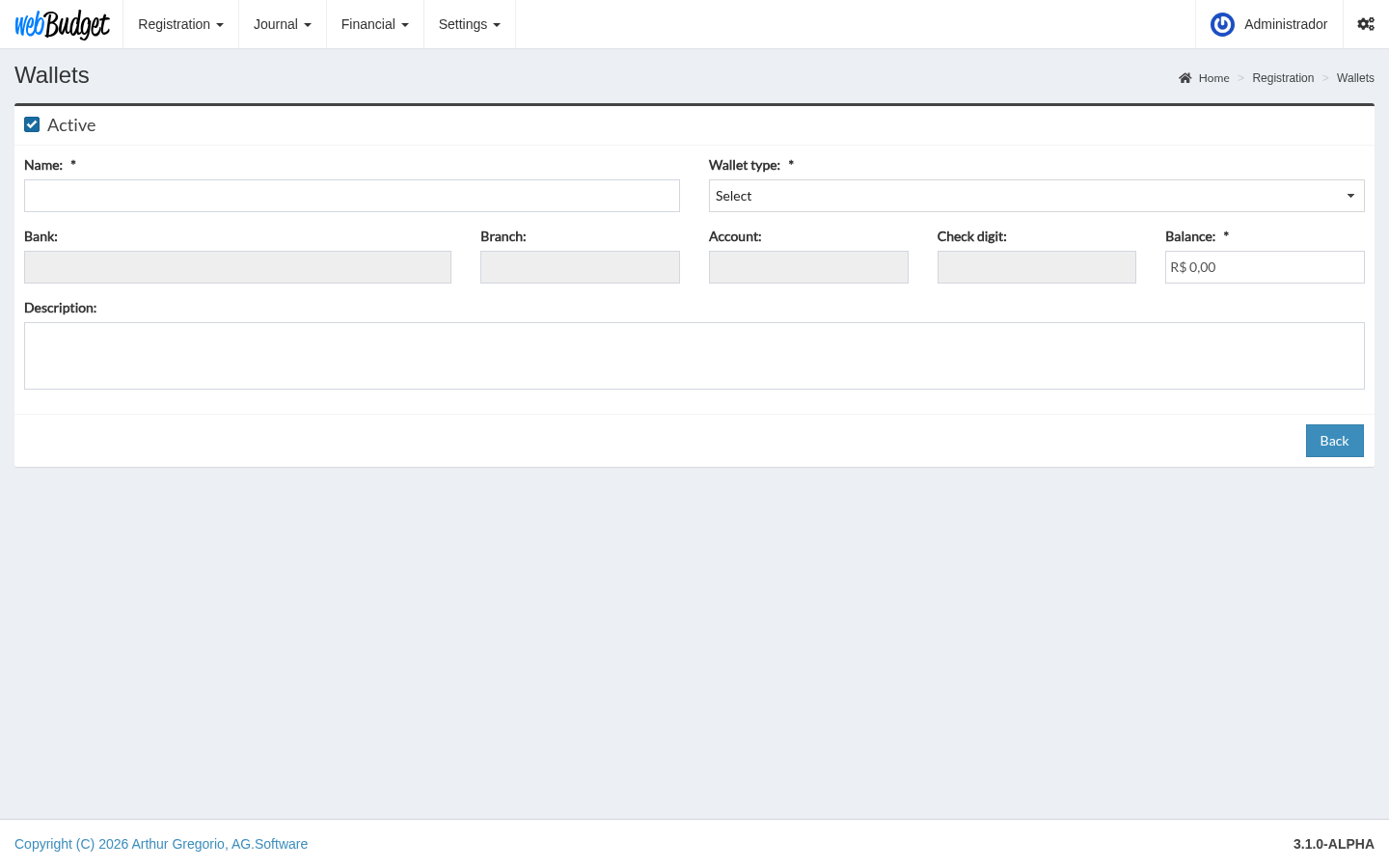 The wallet form in the original JSF 2 and PrimeFaces application, showing an Active checkbox and the Name, Wallet type, Bank, Branch, Account, Check digit, Balance and Description fields, with required markers on Name, Wallet type and Balance.