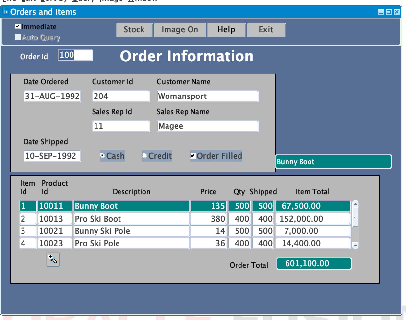 The ORDERS screen of Oracle's Summit demo running in Oracle Forms, with an order header block and a line-item block below it.