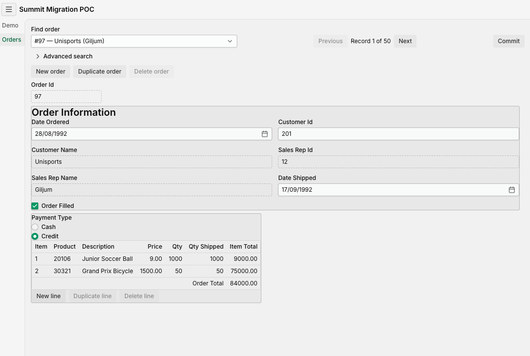 The same ORDERS screen migrated to a Vaadin and Spring Boot web application, using Vaadin component defaults with no design system applied.