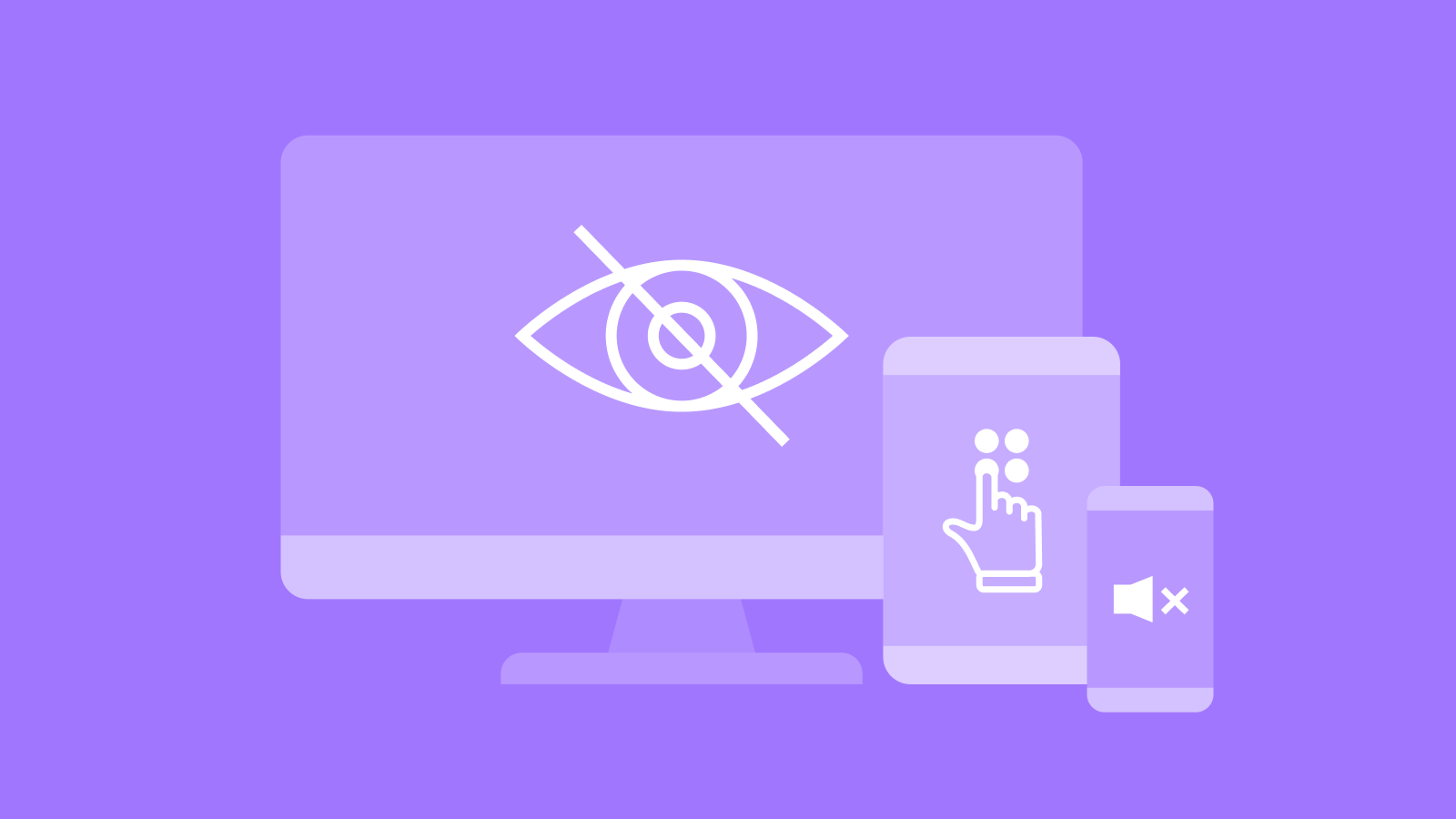 purple background displaying accessibility icons on computer and mobile device screens.