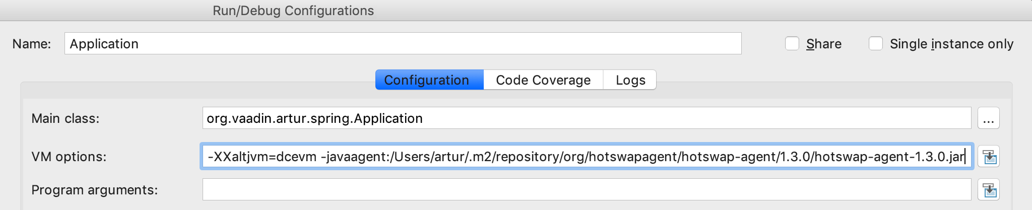 Screenshot of the Debug Configurations dialog in Eclipse