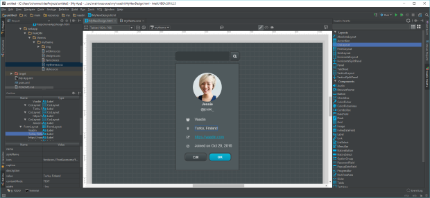 Screenshot of Vaadin Designer 1.1 in IntelliJ IDEA