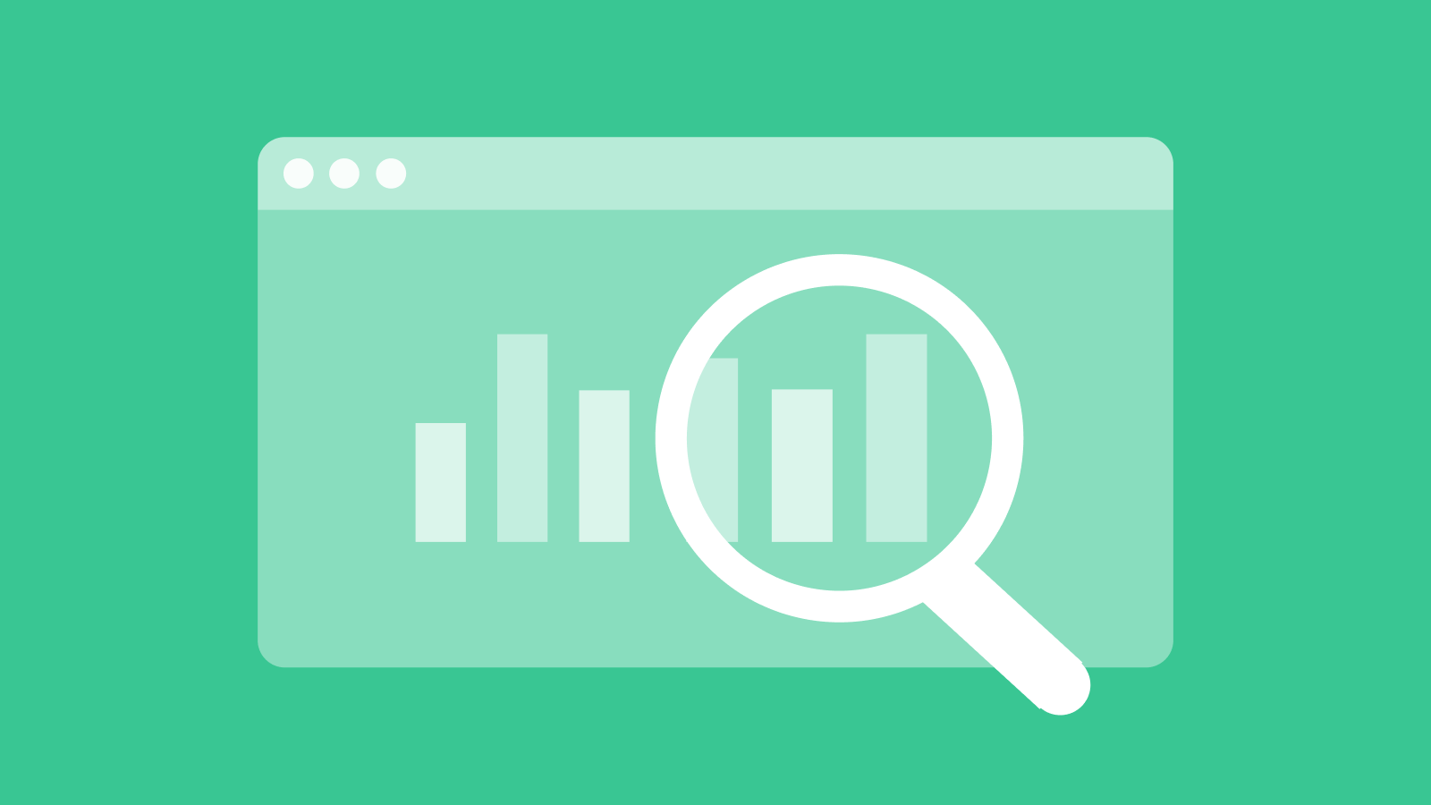 Green background with an open UI showing a bar chart and a magnifying glass.
