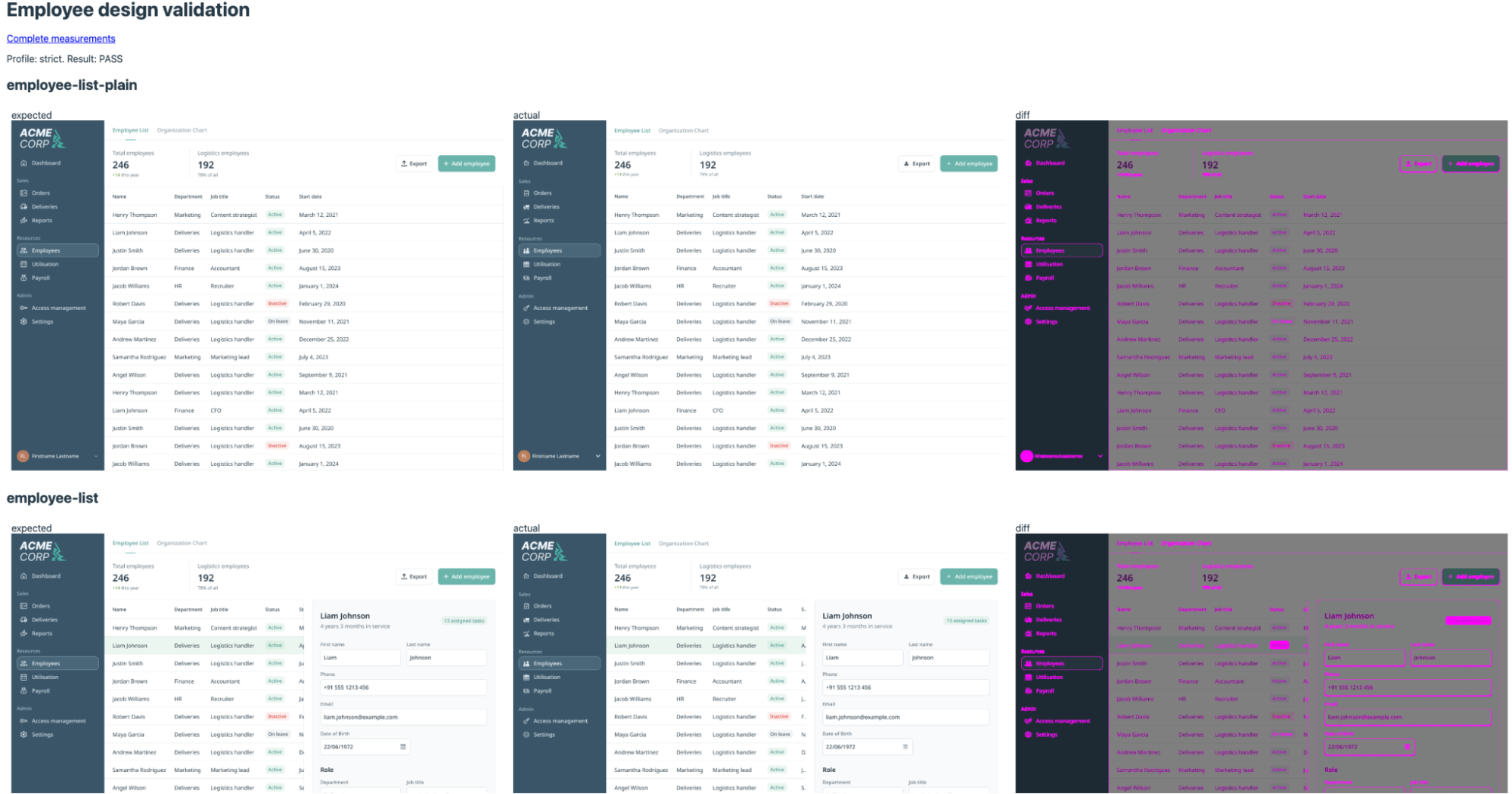 VaadinBench design validation: expected vs actual vs diff comparison for the flow-employee-list task — building a Vaadin UI from a Figma reference