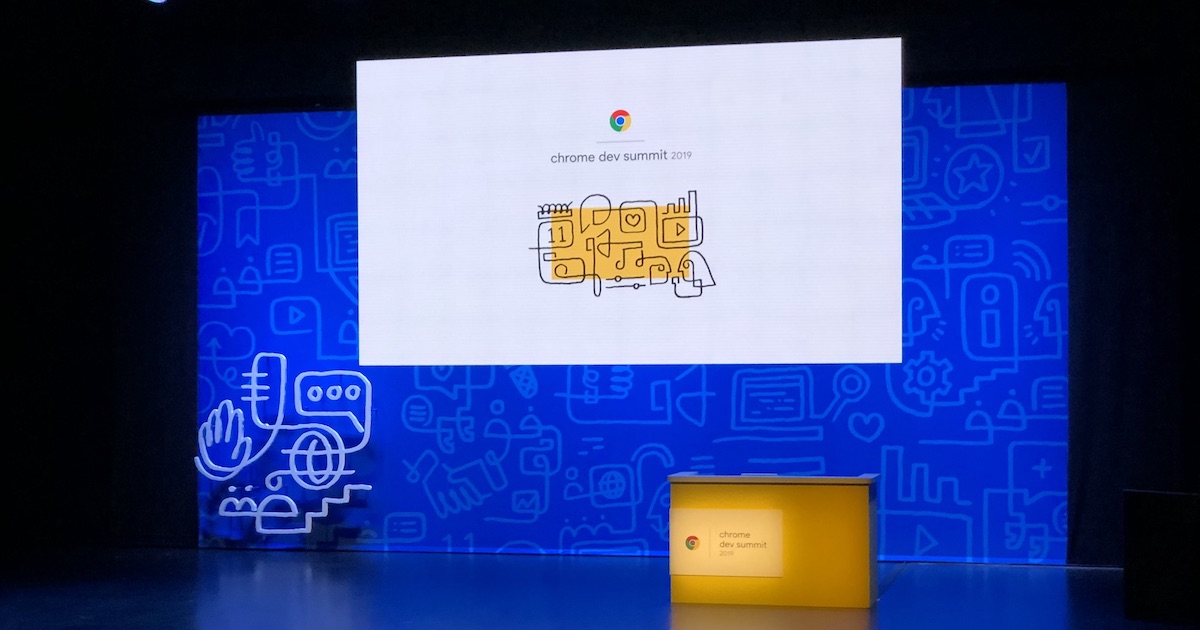 Empty stage with a podium and a screen showing the text Chrome Dev Summit 2019