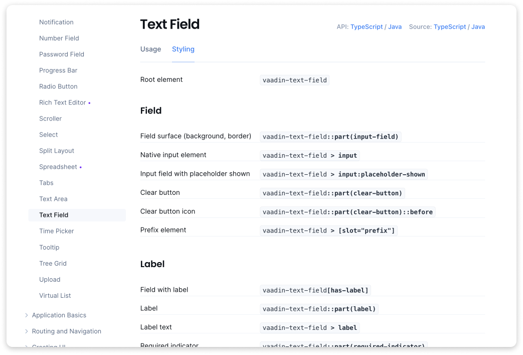 Screenshot of the CSS selector reference for the Text Field component