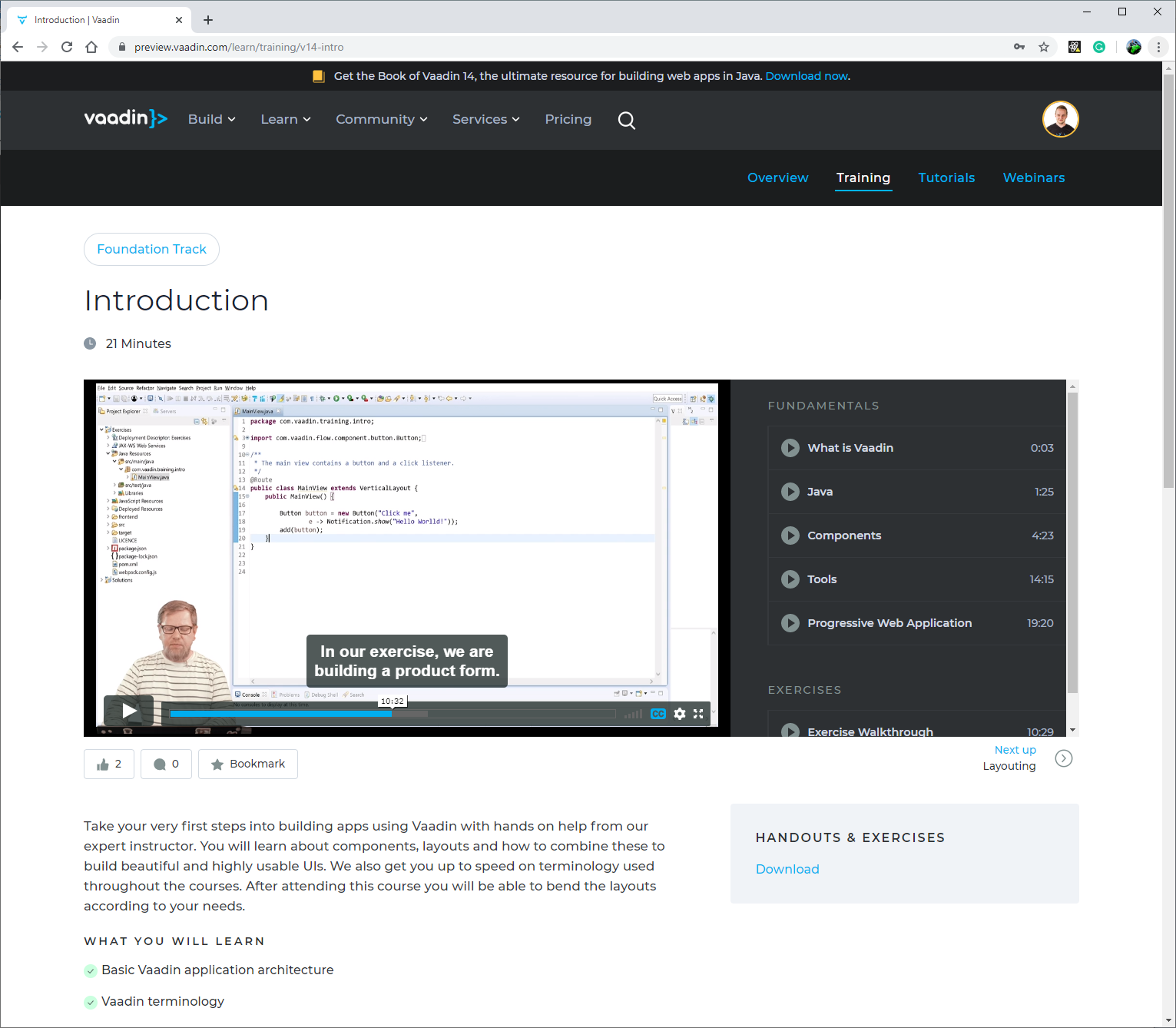 The Vaadin learning center page displaying the Foundation Track: A video player with a track list and a handouts section.