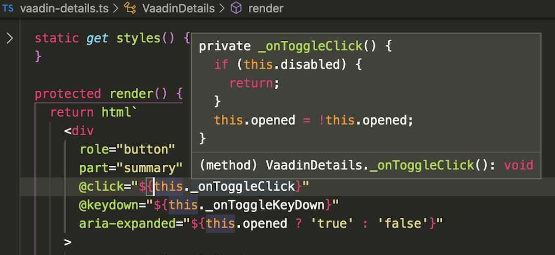 Code hint showing the definition of a highlighted method reference