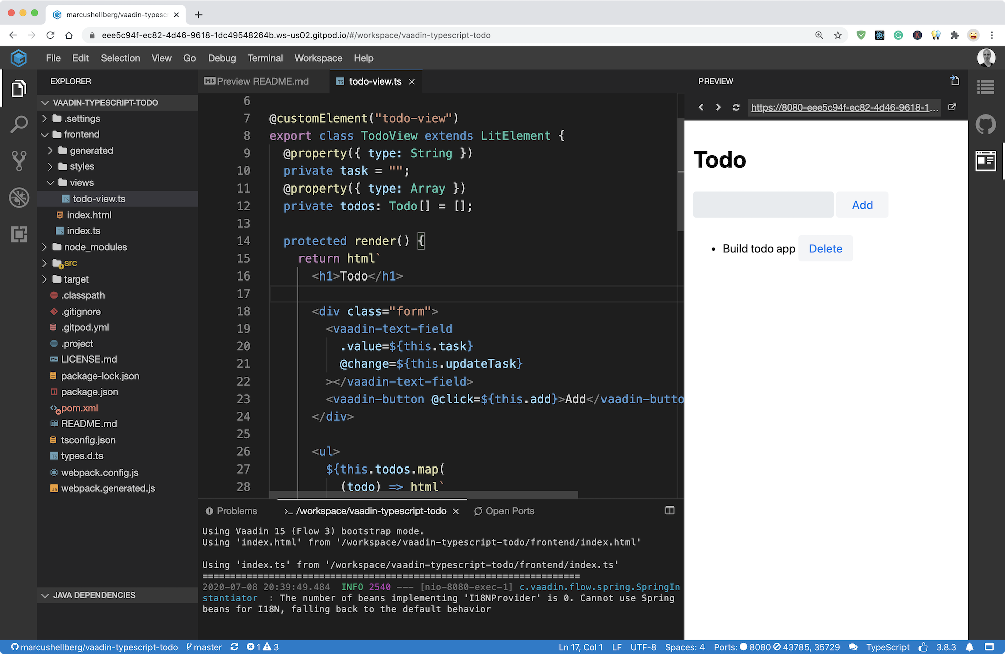 A todo application written with Vaadin's TypeScript based views running in GitPod, an online IDE