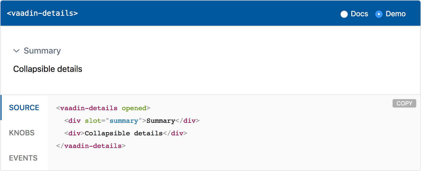 Demo viewer showing the source code of <vaadin-details>, along with a live demo, knobs, and events.